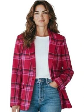 Nine West Pink & Red Plaid Blazer Jacket Size Medium